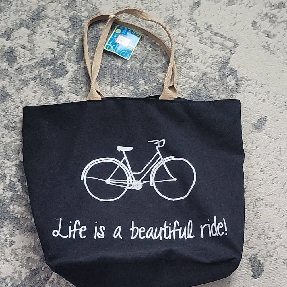 Black Canvas Tote Bag with Bicycle Print